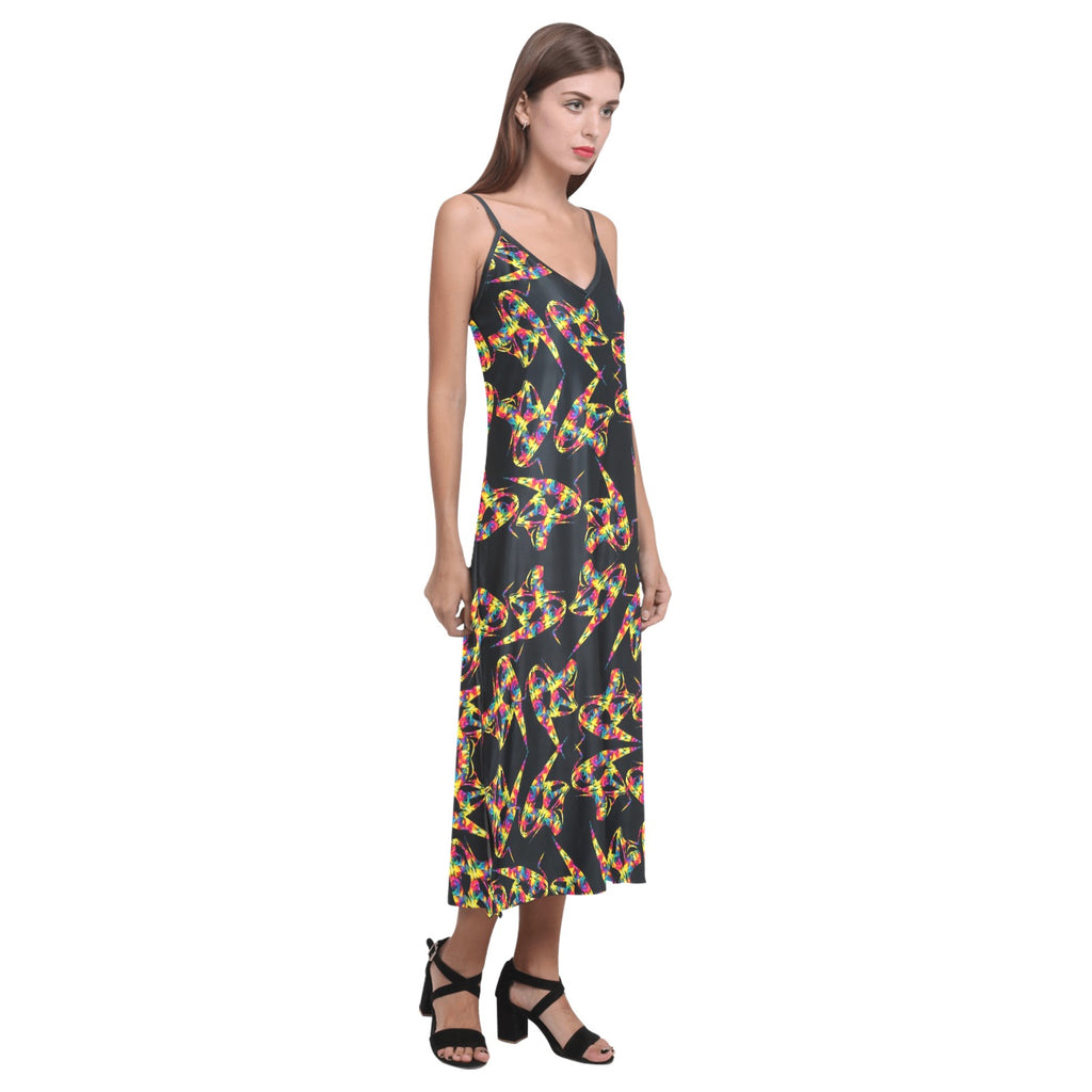 "Abstract Floral Twist on Black"  V-Neck Open Fork Long Dress