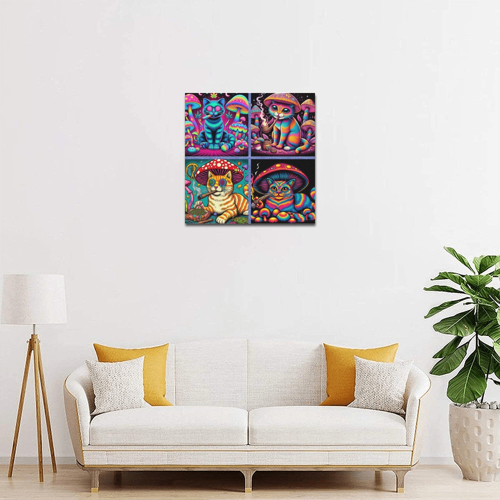 “4 Psychedelic Toking Cats” Frame Canvas Print 16x16 inch
