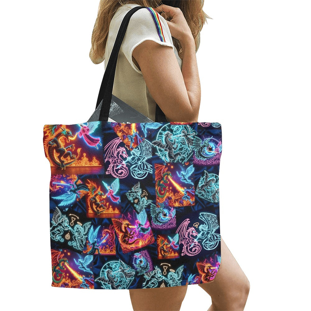 Psychedelic Warrior Angels Fighting Dragons Large Canvas Tote Bag