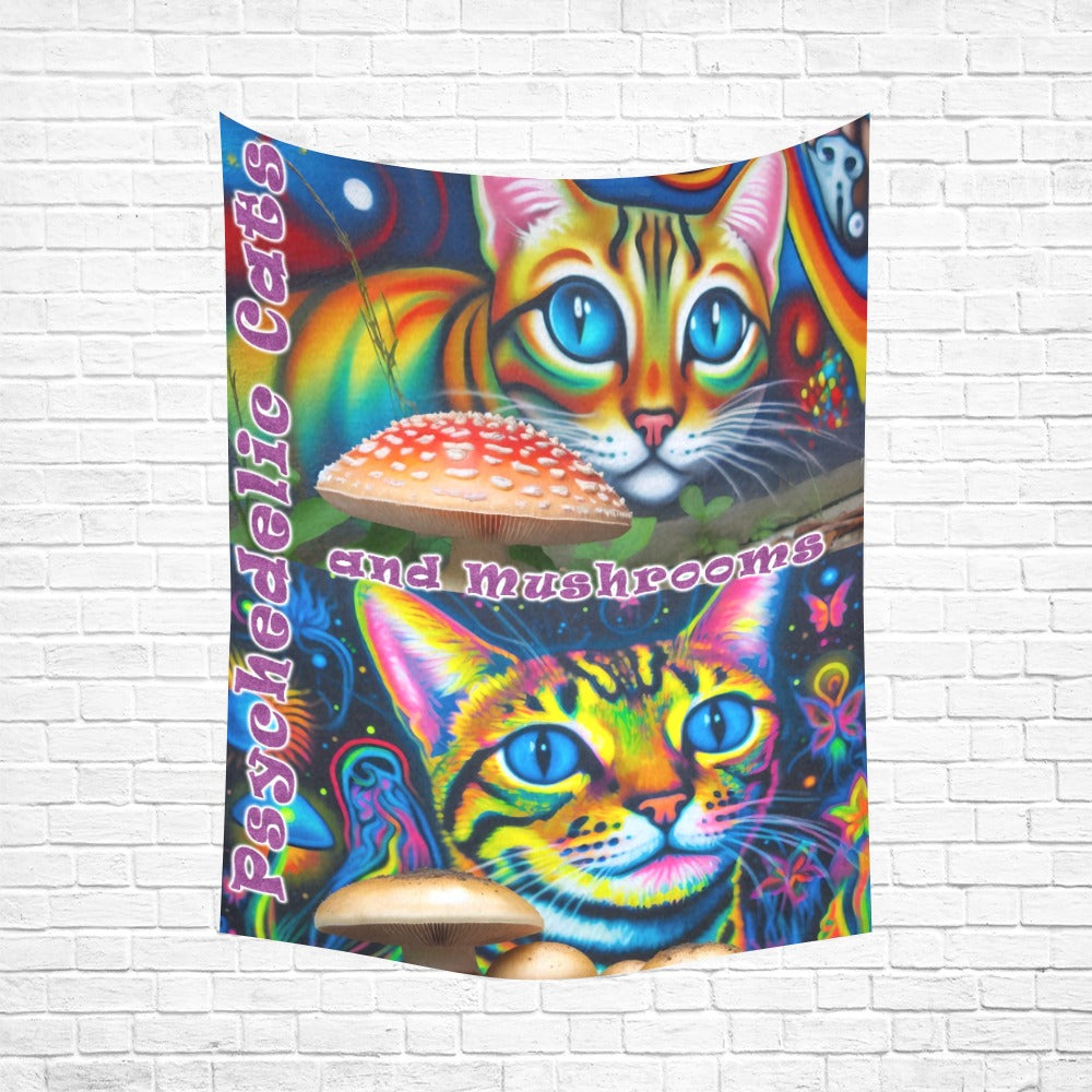 “Psychedelic Cats and Mushrooms” Wall Tapestry 60"x 80"