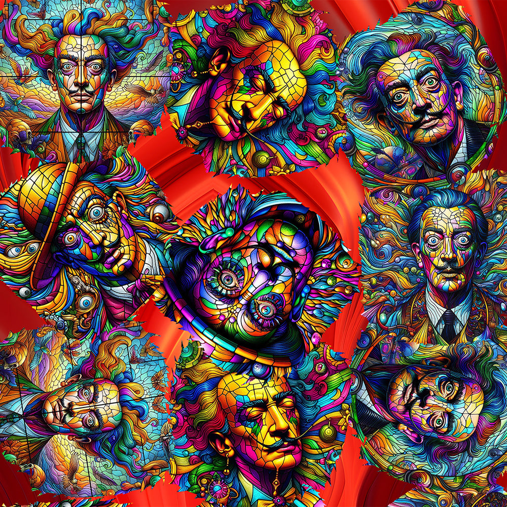 “Stained Glass Psychedelic Salvadore Dali on Red” Wall Tapestry 60” X 80”