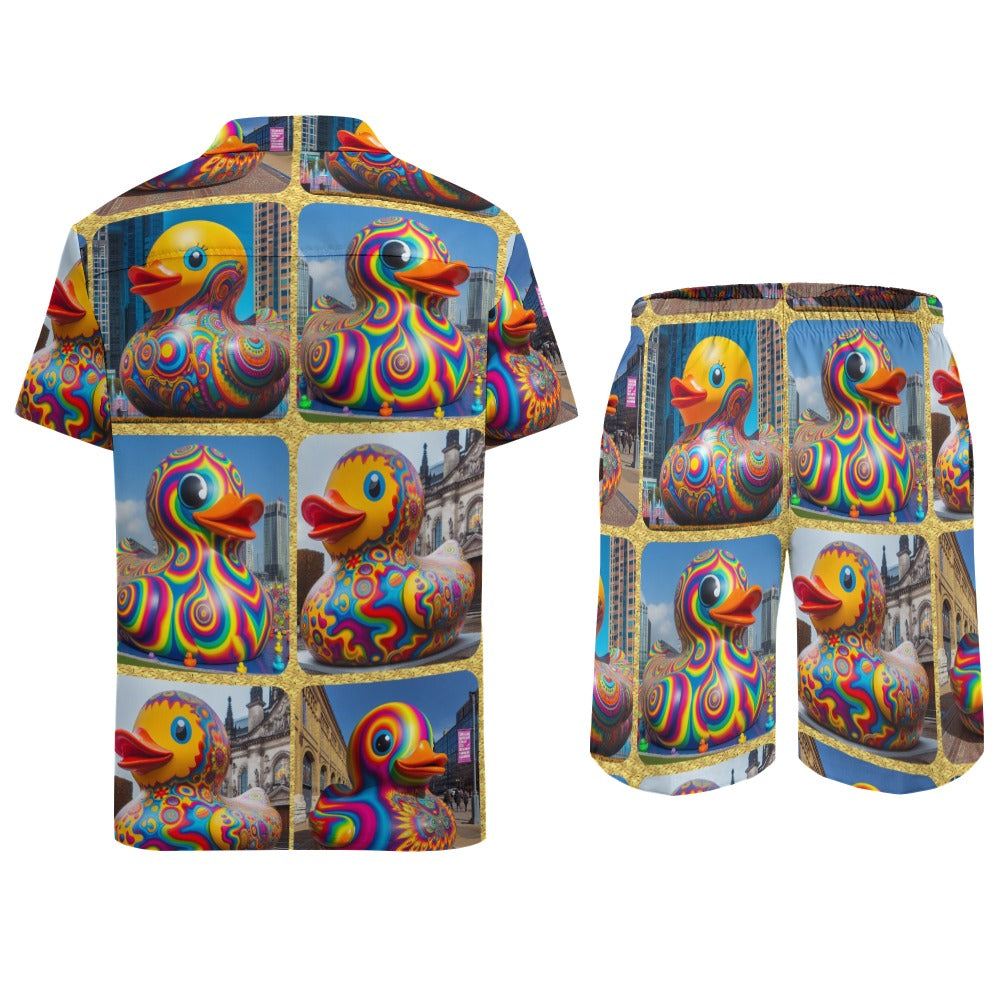 “Psychedelic Rubber Ducky” Men’s Rave Outfit – Lounge Shirt and Beach Shorts