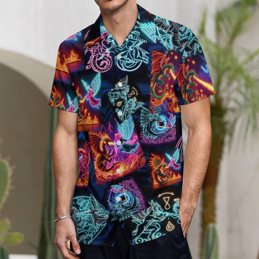 “Psychedelic Warrior Angels Fightiing Dragons” Men’s 100% Polyester Short Sleeve Lounge Shirt