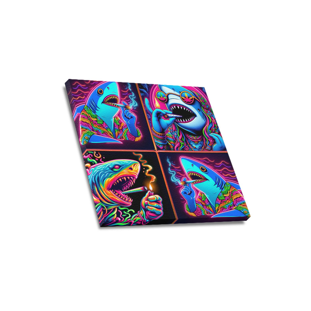 “4 Neon Psychedelic Toking Sharks” Frame Canvas Print 16x16 inch