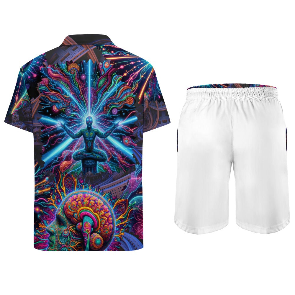 "Neon Neuron Men Connecting” Men’s Rave Outfit – Lounge Shirt and Beach Shorts