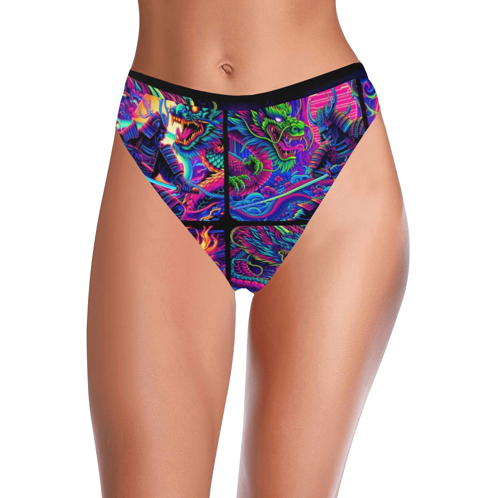 “Psychedelic Samurai Fighting Dragons” High-Waisted High V-Cut Bikini Rave Bottom -  Sizes XS – 5XL