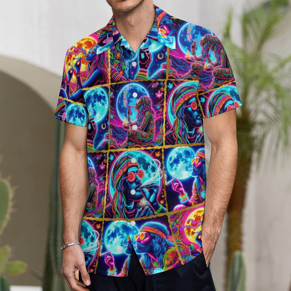 “Moonlight Toking” Men’s 100% Polyester Short Sleeve Lounge Shirt