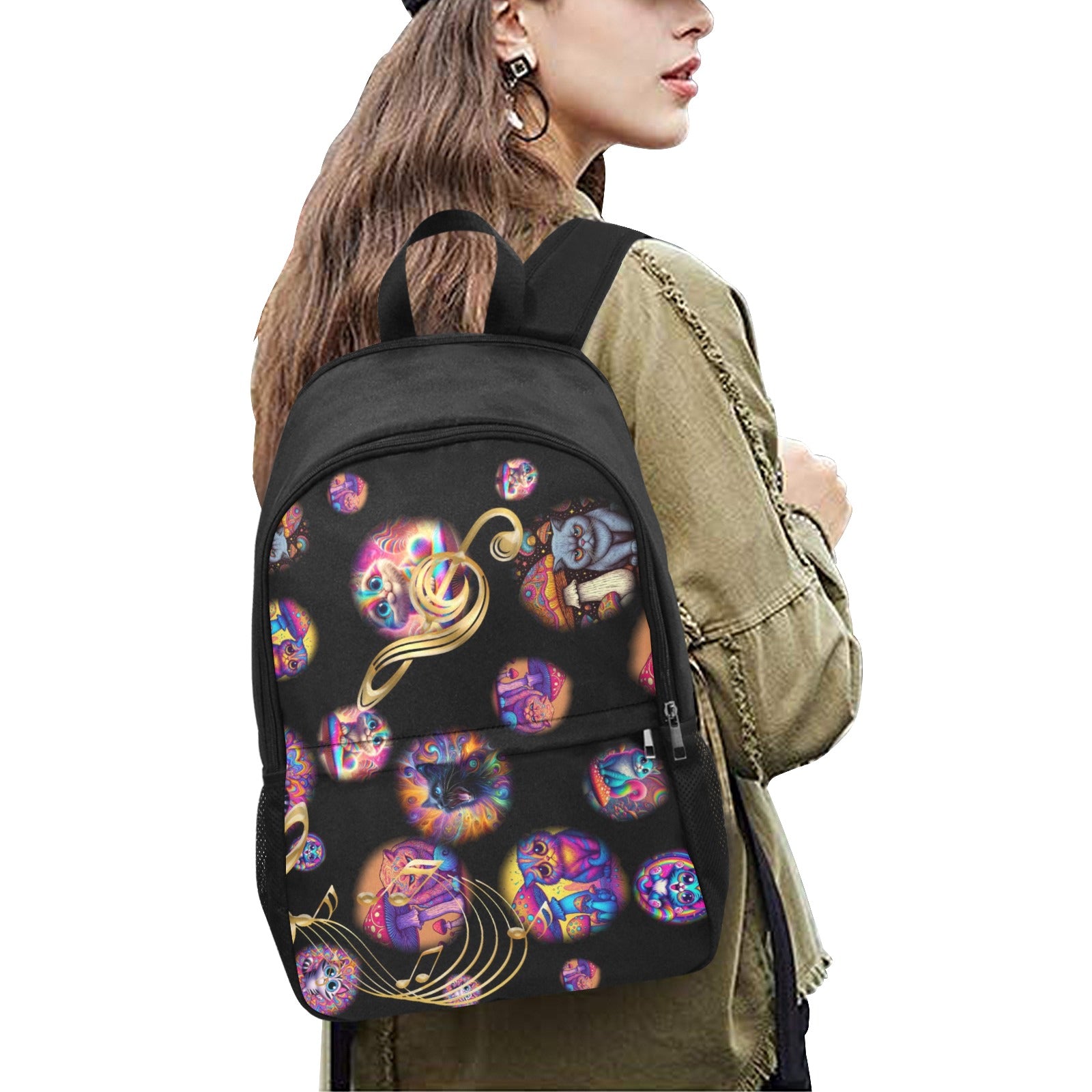 “Psychedelic Cats on Motorcycles” – Sunburst - &nbsp;Fabric Backpack with Side Mesh Pocket - 3 Wild Prints