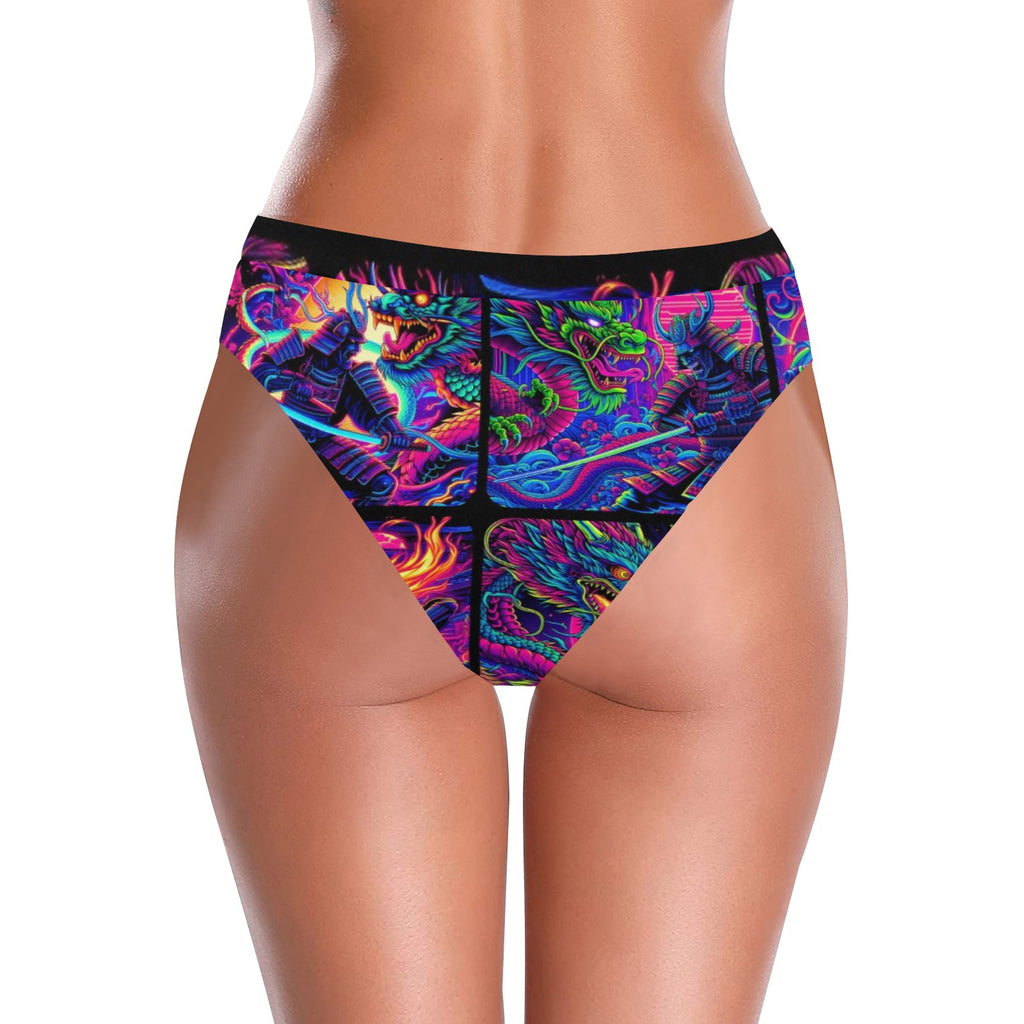 “Psychedelic Samurai Fighting Dragons” High-Waisted High V-Cut Bikini Rave Bottom -  Sizes XS – 5XL