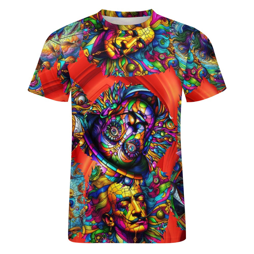 “Stained Glass Psychedelic Salvadore Dali on Red” Men’s 100% Cottom T-Shirt