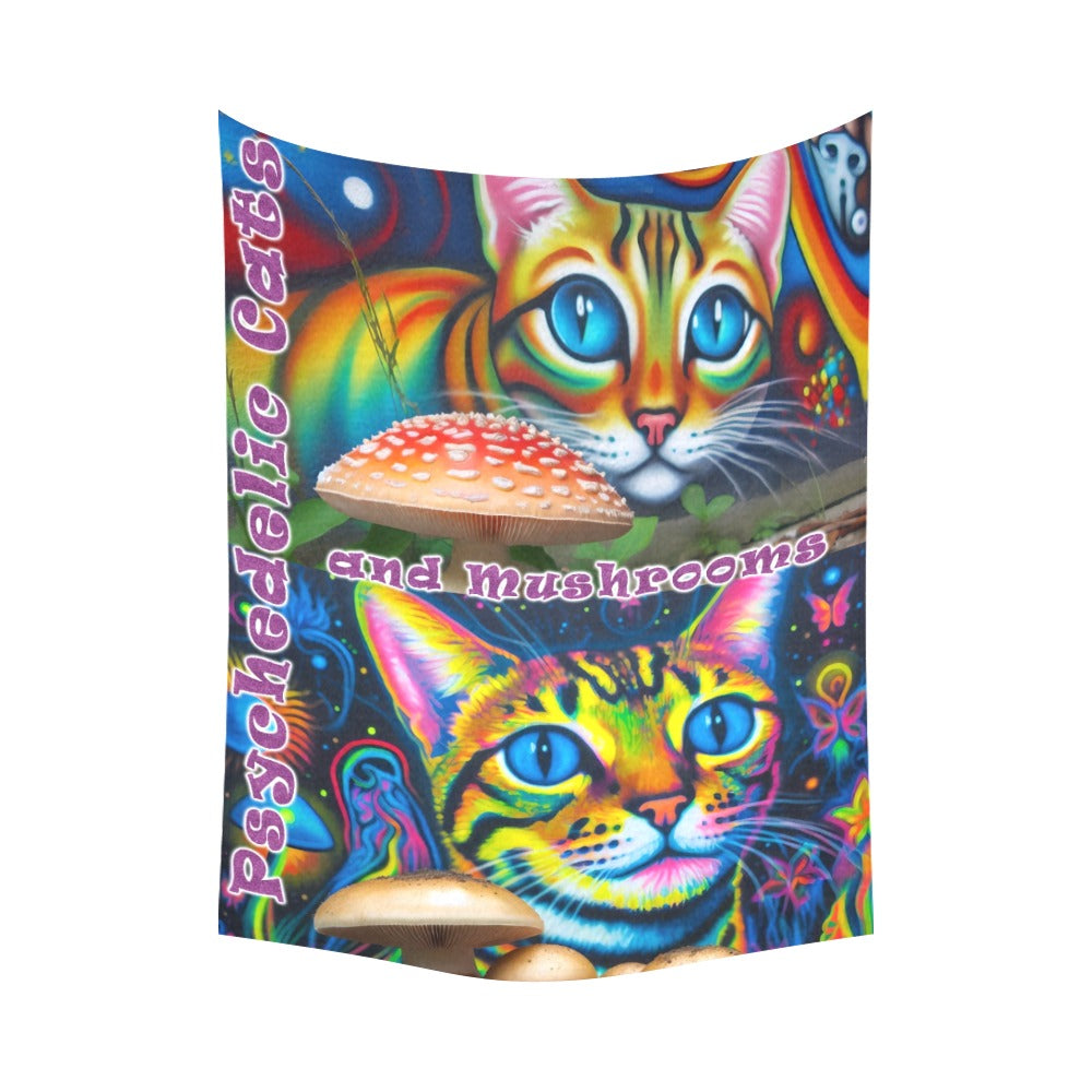 “Psychedelic Cats and Mushrooms” Wall Tapestry 60"x 80"