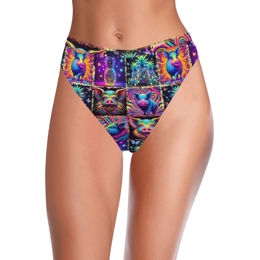 “Psychedelic Pigs and Pineapples” High-Waisted High V-Cut Bikini Rave Bottom -  Sizes XS – 5XL