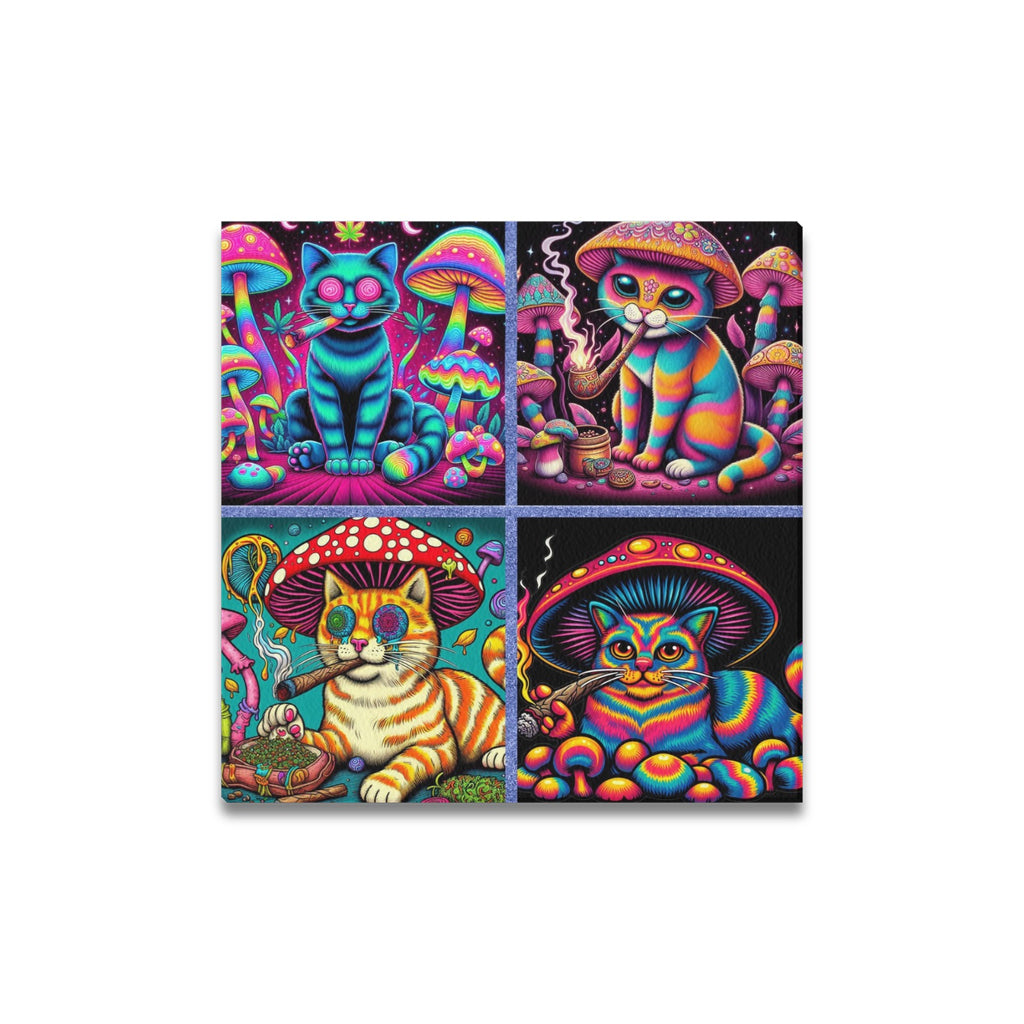 “4 Psychedelic Toking Cats” Frame Canvas Print 16x16 inch