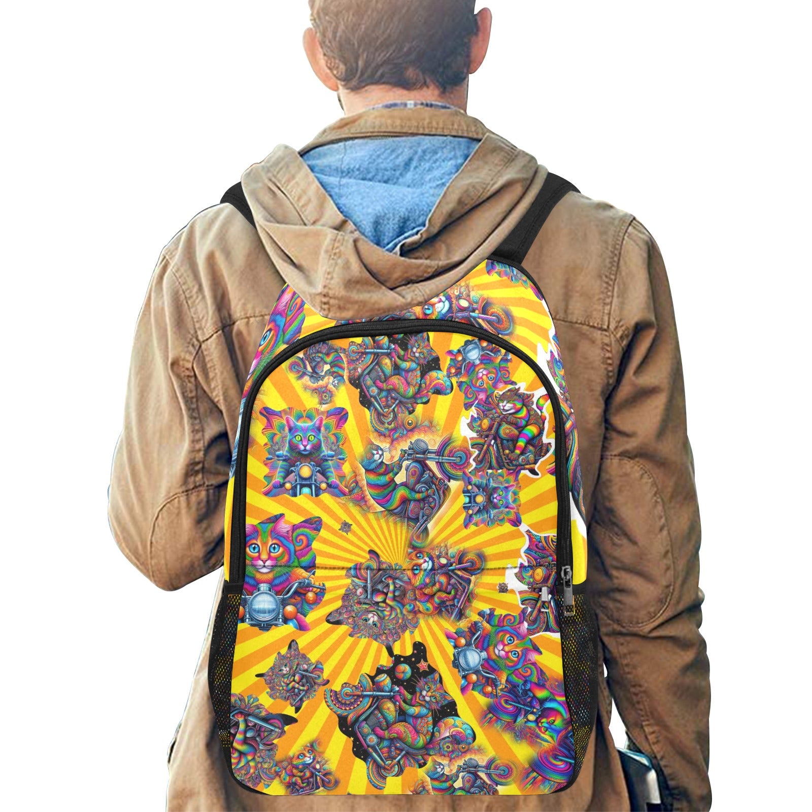 “Psychedelic Cats on Motorcycles” – Sunburst - &nbsp;Fabric Backpack with Side Mesh Pocket - 3 Wild Prints