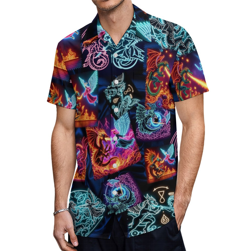 “Psychedelic Warrior Angels Fightiing Dragons” Men’s 100% Polyester Short Sleeve Lounge Shirt