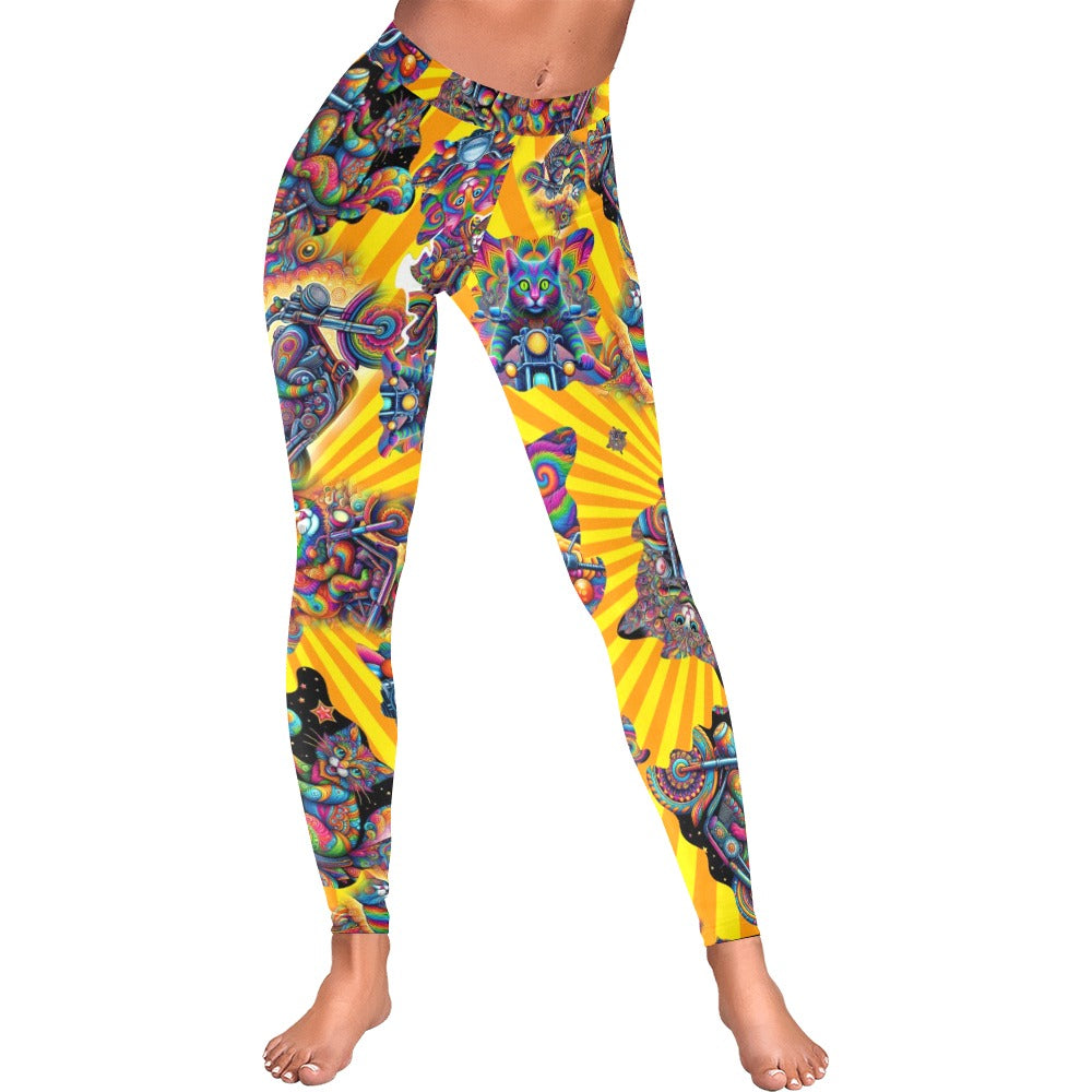 Psychedelic Cats on Motorcycles" Women’s Low Rise Leggings - Sizes 2XS – 5XL