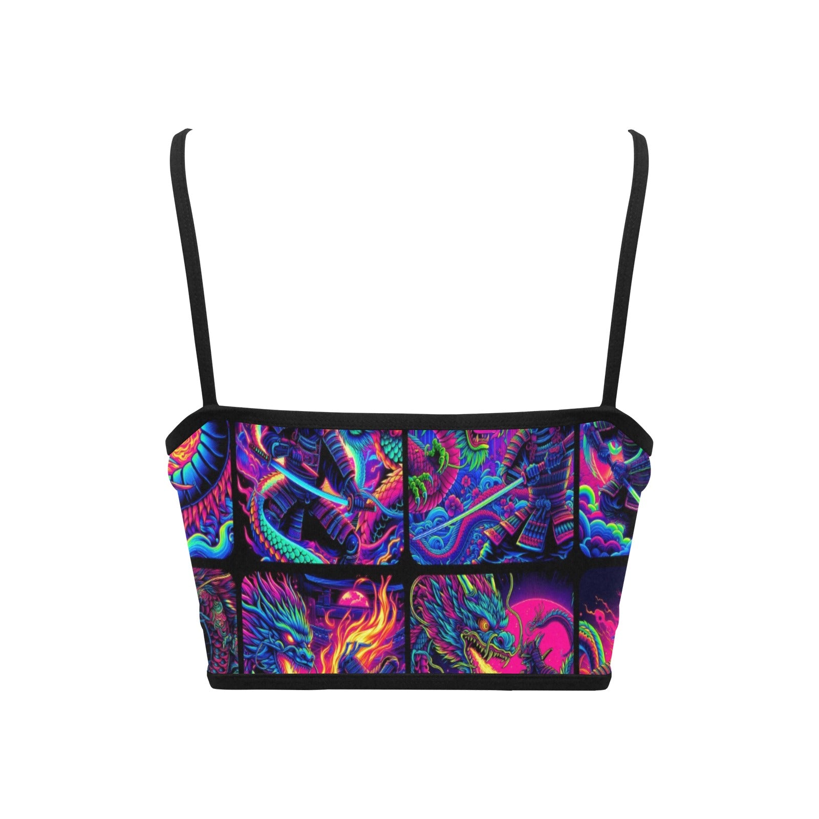 “Psychedelic Samurai Fighting Dragons” Sleeveless Spaghetti Strap Crop Top