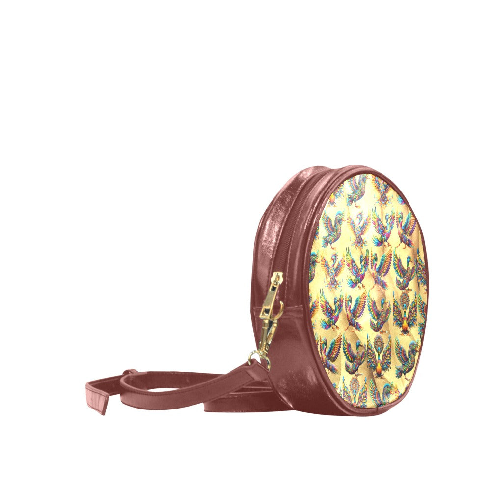 “Psychedelic Ducks on Gold” Round Messenger Bag