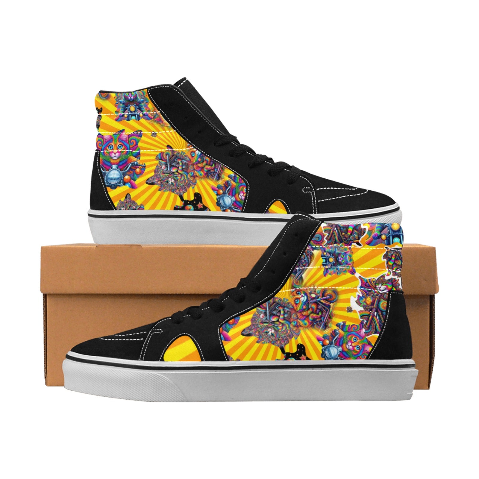 "Psychedelic Cats on Motorcycles" Women's High Top Canvas Shoes - Sunburst