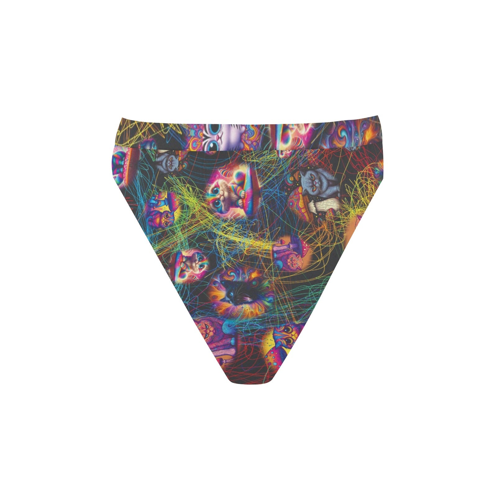 “Psychedelic Cats Study String Theory” High-Waisted High-Cut Bikini Rave Bottom