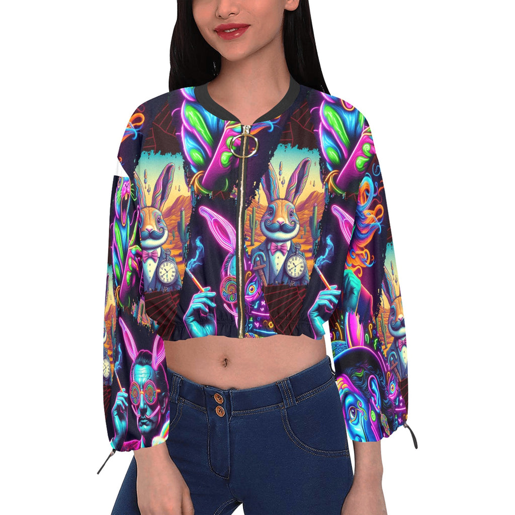 “Psychedelic Toking Salvadore Dali Rabbit Man” Women's Chiffon Long Sleeve Crop Top Jacket