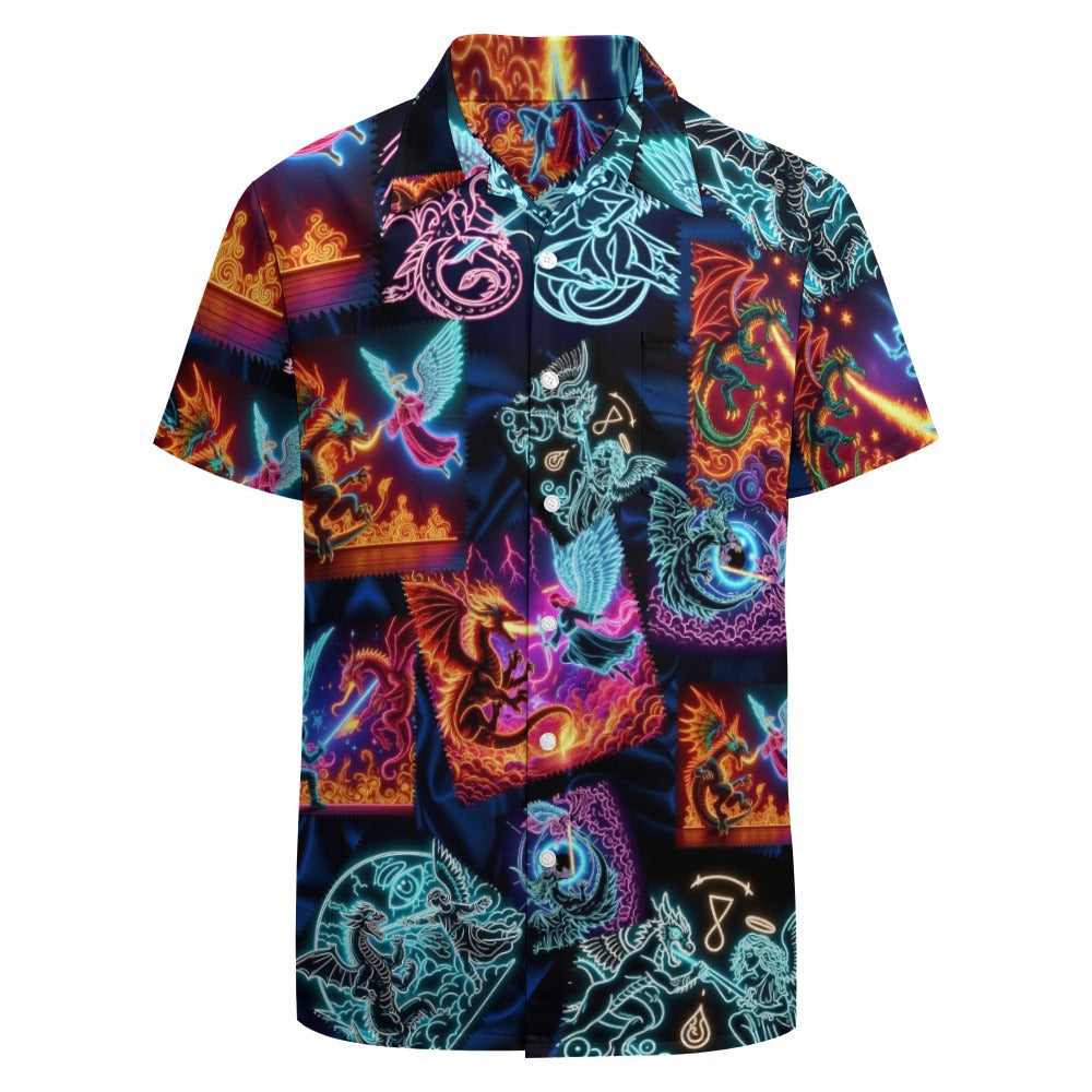 “Psychedelic Warrior Angels Fightiing Dragons” Men’s 100% Polyester Short Sleeve Lounge Shirt