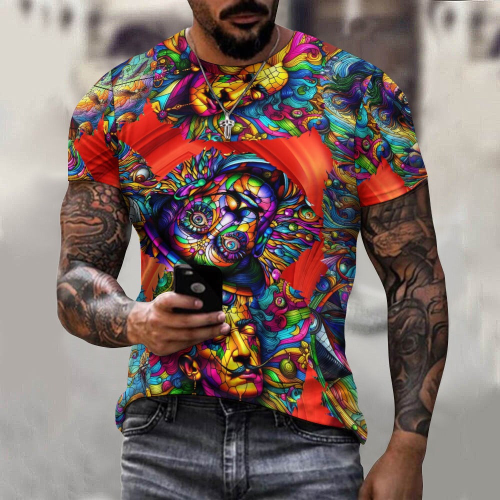 “Stained Glass Psychedelic Salvadore Dali on Red” Men’s 100% Cottom T-Shirt