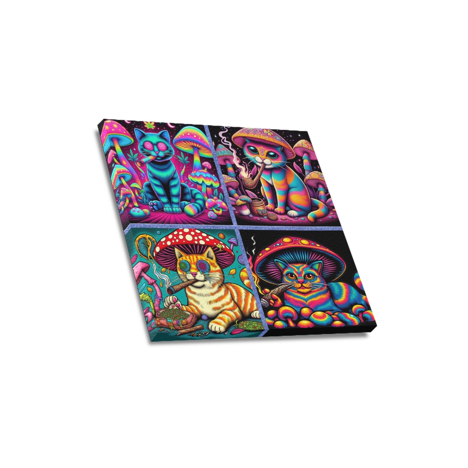 “4 Psychedelic Toking Cats” Frame Canvas Print 16x16 inch