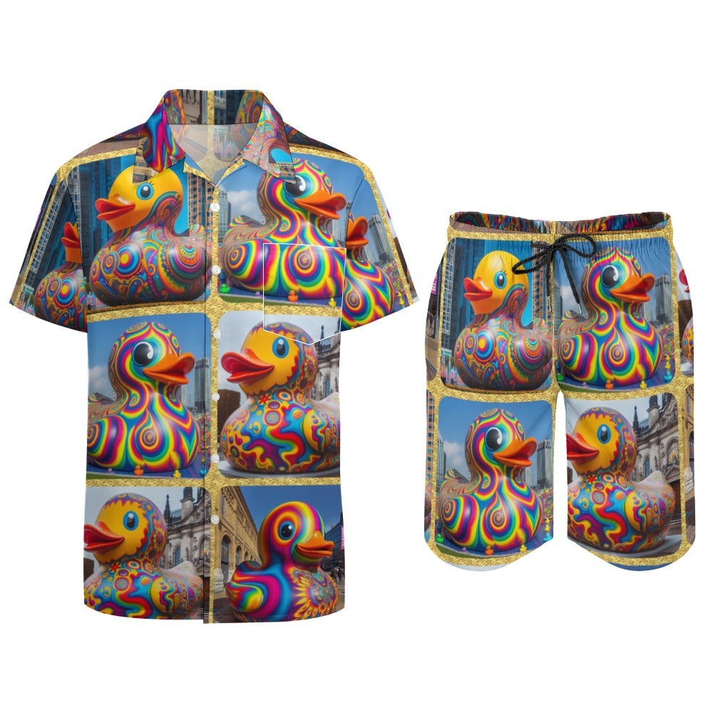 “Psychedelic Rubber Ducky” Men’s Rave Outfit – Lounge Shirt and Beach Shorts