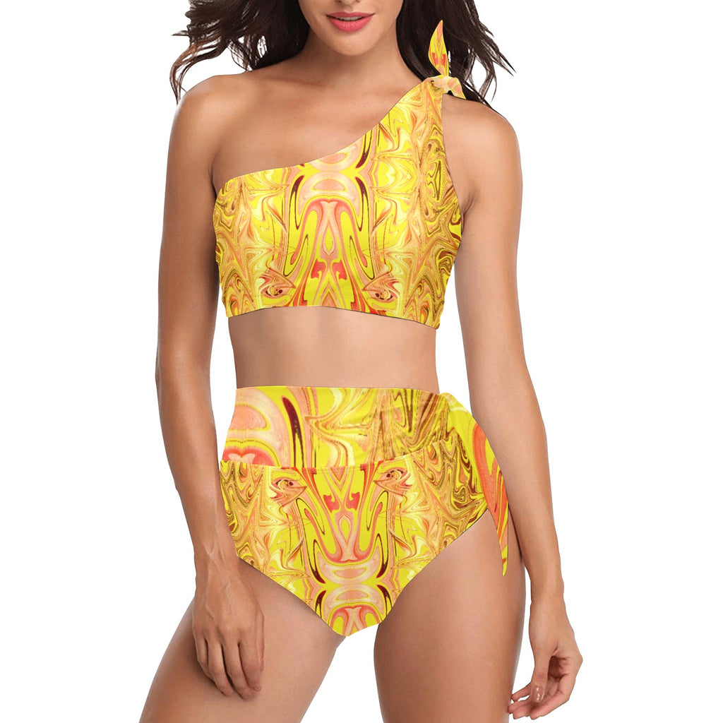 “Fire and Gold” High Waisted One Shoulder Bikini Swimsuit