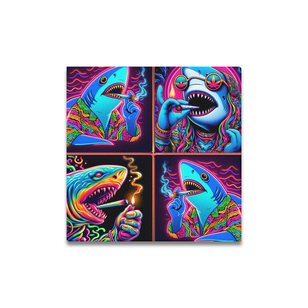 “4 Neon Psychedelic Toking Sharks” Frame Canvas Print 16x16 inch