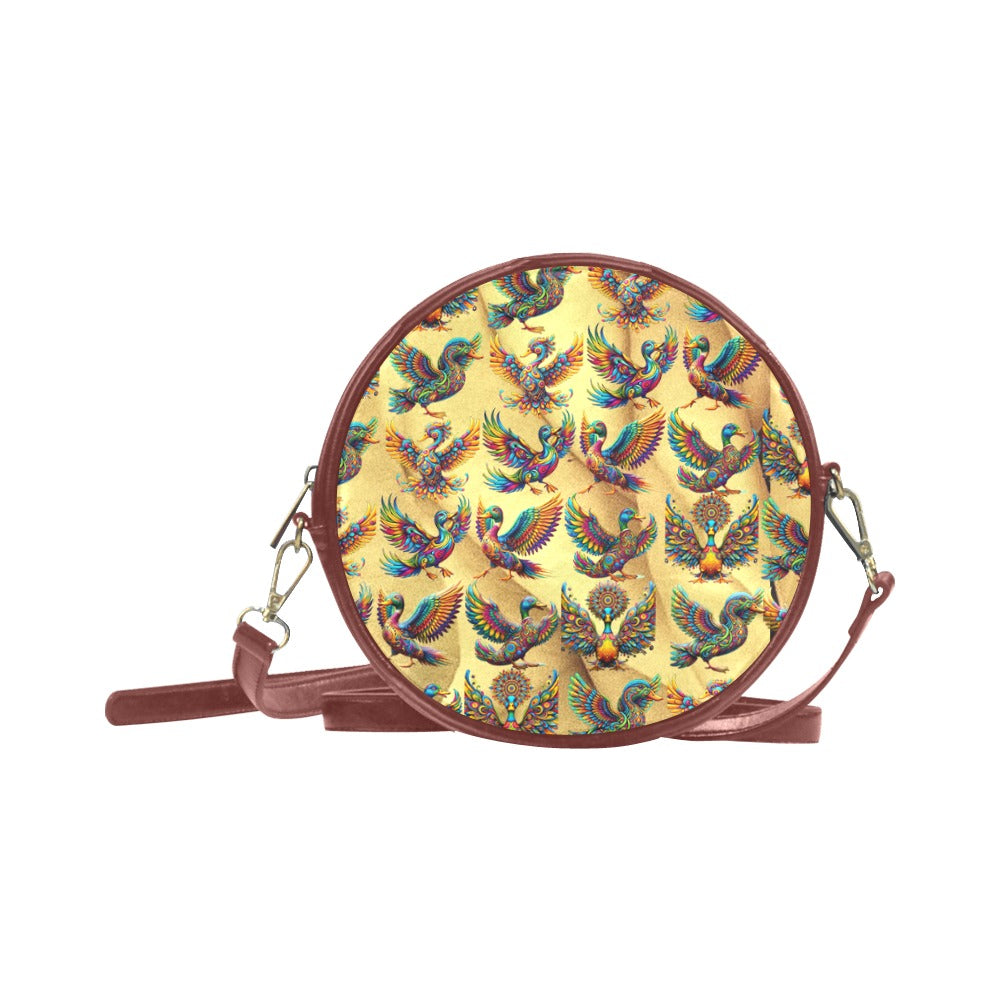 “Psychedelic Ducks on Gold” Round Messenger Bag