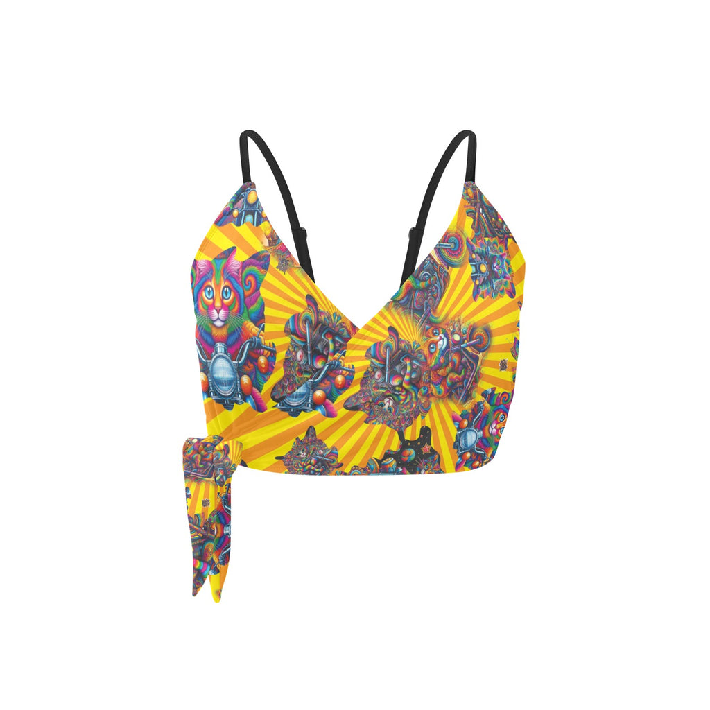 "Psychedelic Cats on Motorcycles" Festival Side Knot Bikini Top