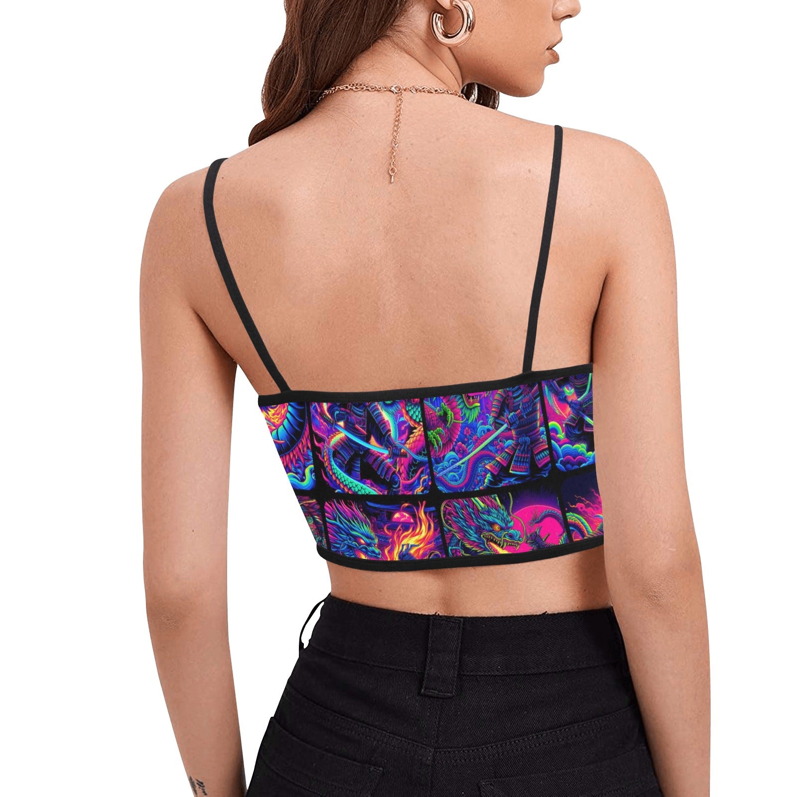 “Psychedelic Samurai Fighting Dragons” Sleeveless Spaghetti Strap Crop Top