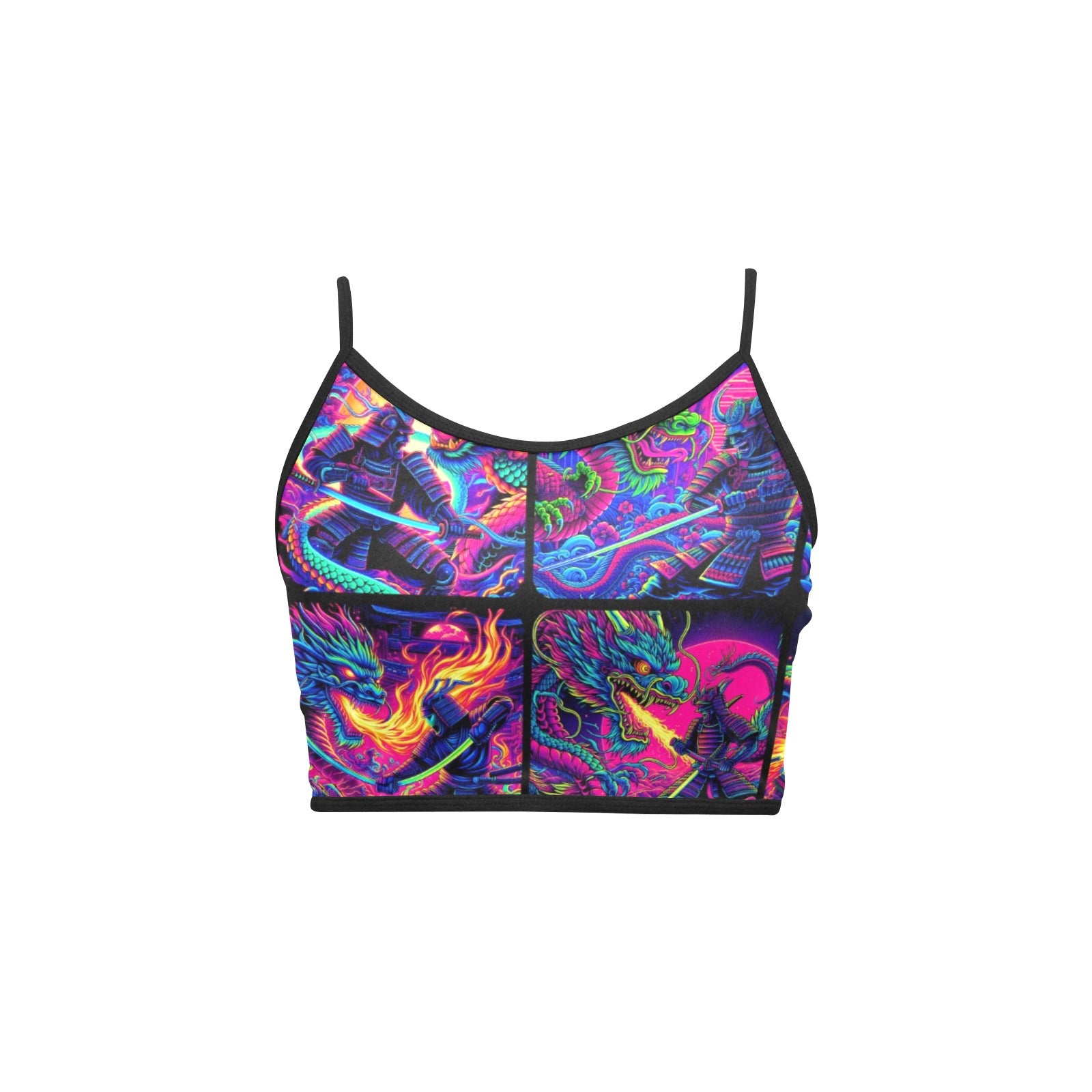 “Psychedelic Samurai Fighting Dragons” Sleeveless Spaghetti Strap Crop Top
