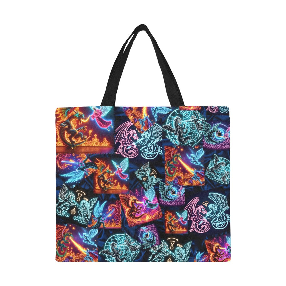Psychedelic Warrior Angels Fighting Dragons Large Canvas Tote Bag