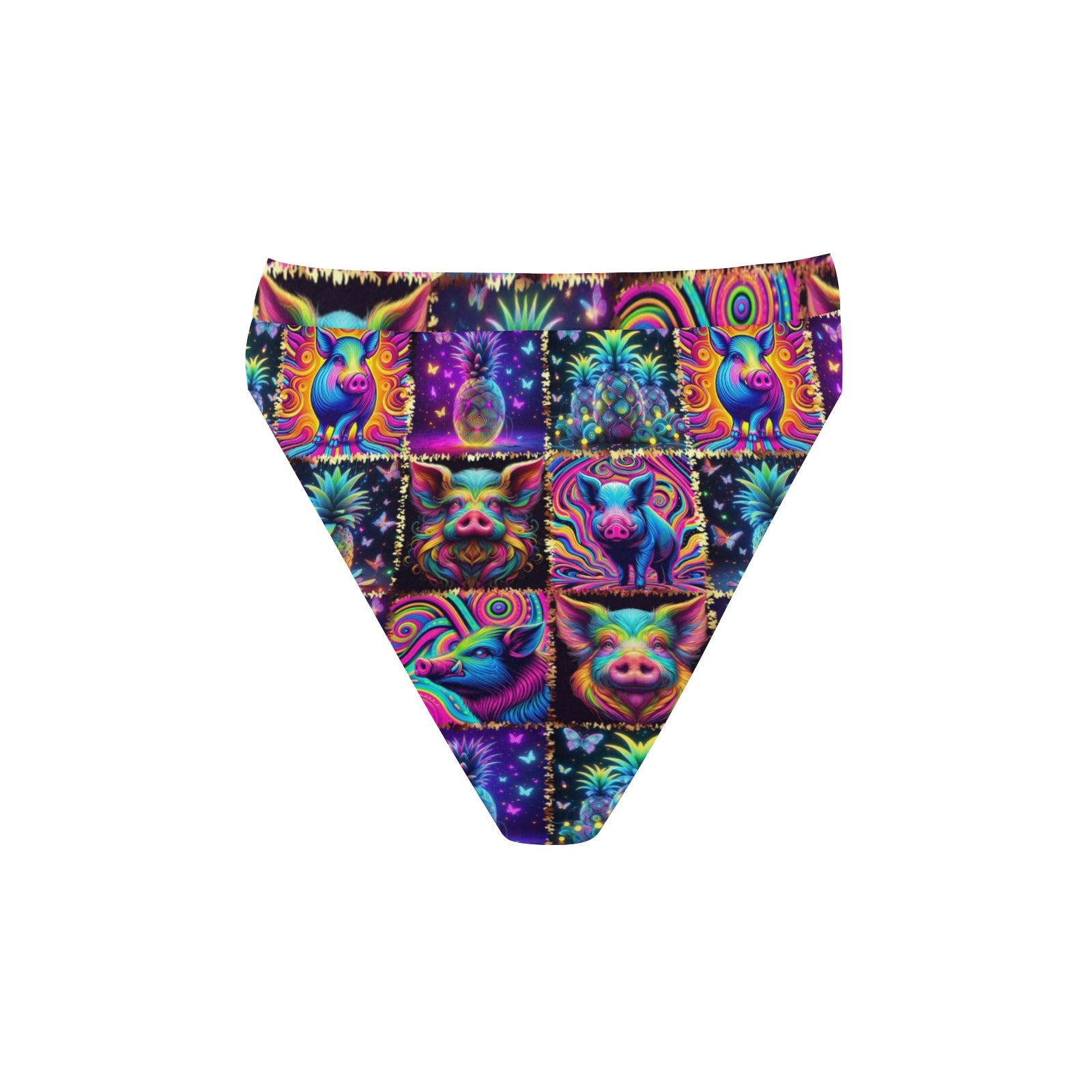 “Psychedelic Pigs and Pineapples” High-Waisted High V-Cut Bikini Rave Bottom -  Sizes XS – 5XL
