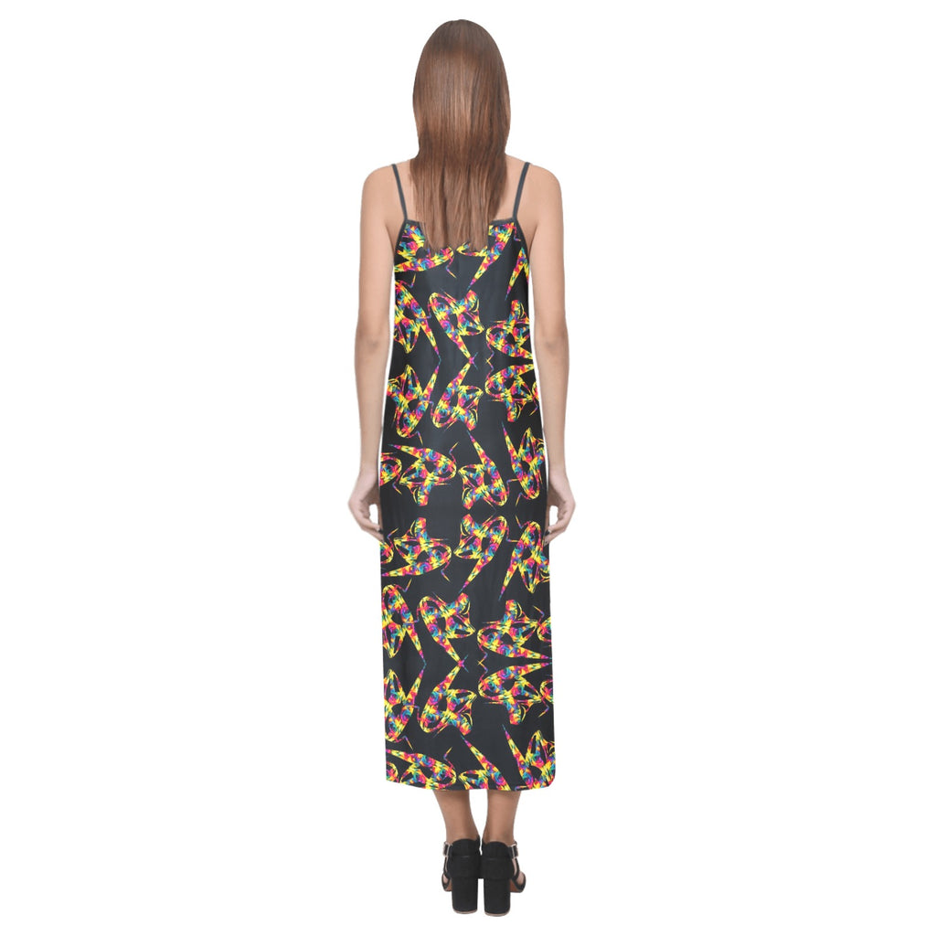 "Abstract Floral Twist on Black"  V-Neck Open Fork Long Dress
