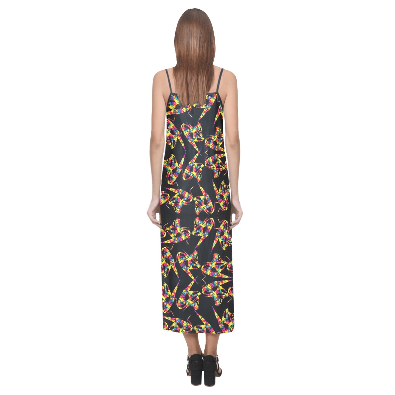 "Abstract Floral Twist on Black"  V-Neck Open Fork Long Dress