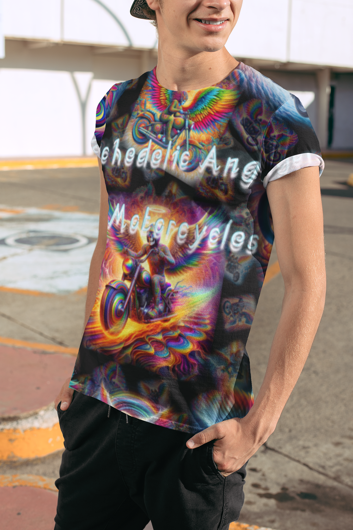 “Psychedelic Angels on Motorcycles“ Men's Basic T-Shirt – Sizes S- 5XL